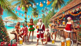 DALL·E 2024-12-22 15.22.28 - A lively Christmas beer party featuring cheerful Christmas fairies and tipsy Santa Clauses, set on a sunny beach in Thailand. The scene includes festi.webp